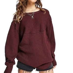 Free People Volume Sleeve Thermal Top Burgundy Cherry Cola Ribbed Oversized